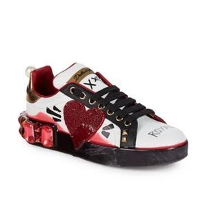Dolce & Gabbana ​Portofino Calfskin Heart Rhinestone Sneakers White Red 36